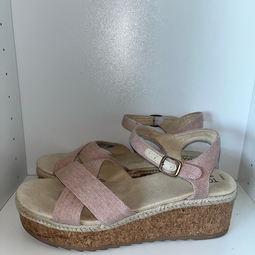 Toms Candice Strappy Cork Platform Sandal Wedge Peach Whip Chambray Canvas 9.5